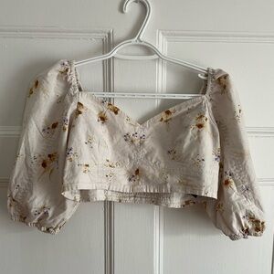H&M | Linen Floral Puff Sleeve Crop Top